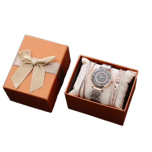 Women's Luxury Quartz Watch & Crystal 3Pcs Bangle Jewelry Set