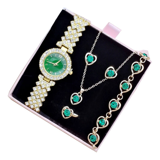 Women's Luxury Watch, Crystal Necklace & Earrings Jewelry Set