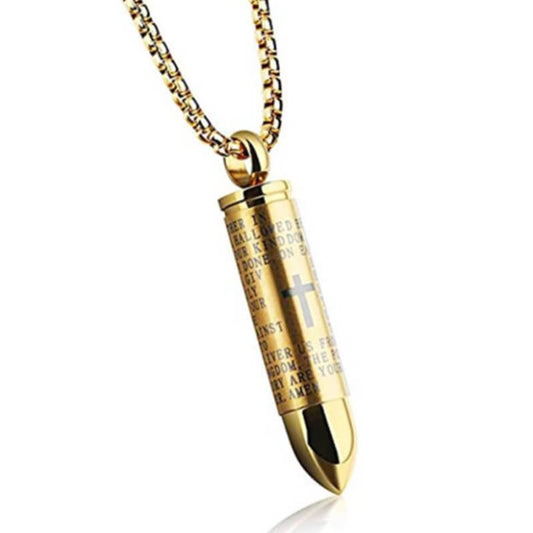Golden Bullet Engraved Cross Ash Urn Pendant Memorial Necklace