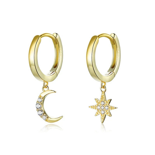 925 Sterling Silver Planet Moon and Stars Drop Earrings