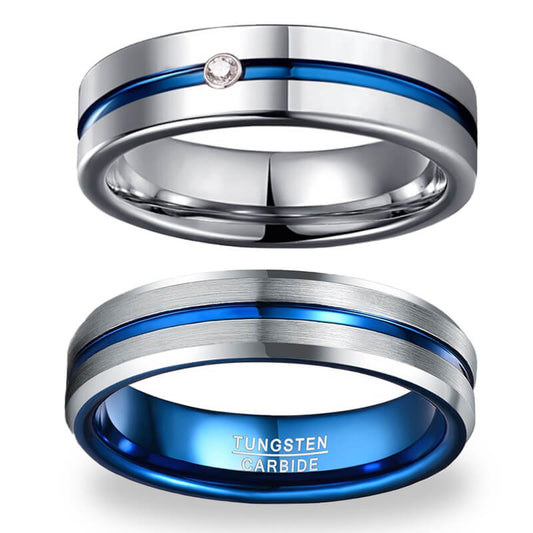Eternal Blue His & Her Cubic Zirconia Matte Tungsten Couple Rings Set