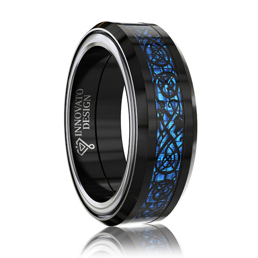 8mm Celtic Dragon Blue Inlay Tungsten Spinner Wedding Band - Glow In The Dark