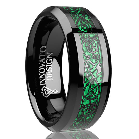 Dragon Men’s Tungsten Carbide Wedding Band, Black Carbon Fiber over Green Inlay