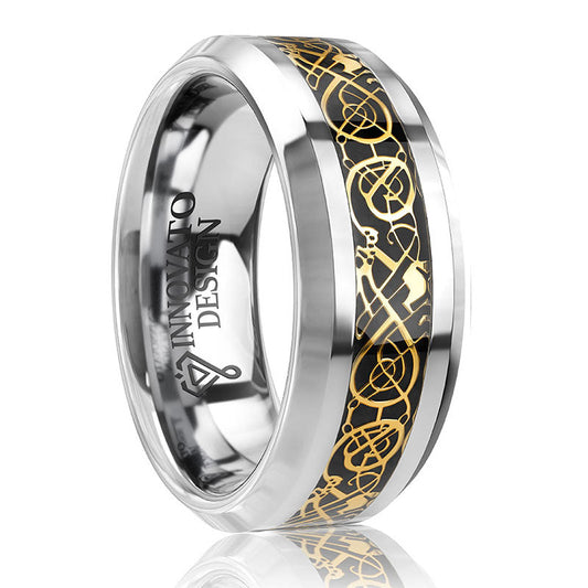 8mm Unisex Silver Gold Celtic Dragon Pattern over Black Carbon Fiber Inlay Wedding Band
