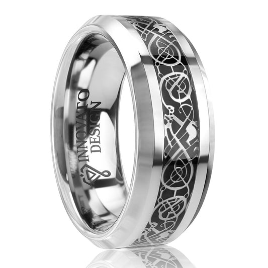 Tungsten Carbide and Silver Coated Dragon Pattern with Black Carbon Inlay Unisex Ring