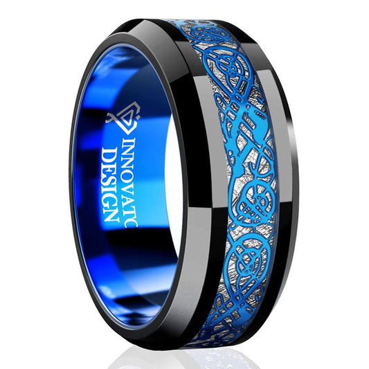 8mm Blue Celtic Dragon Meteorite Tungsten Carbide Ring for Men - Black Wedding Band Polished Comfort Fit