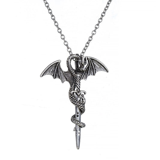 Stainless Steel Silver Plated Dragon Cross with Serpent Pendant Necklace