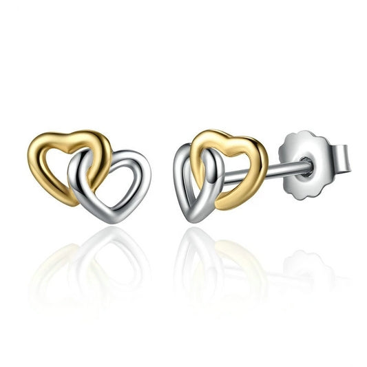 925 Sterling Silver Gold and Silver Connected Hearts Stud Earrings