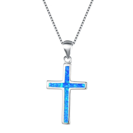 925 Sterling Silver Cross with Fire Opal Pendant Necklace