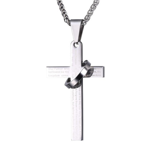 Stainless Steel Cross with Circle Lord's Prayer Pendant Necklace