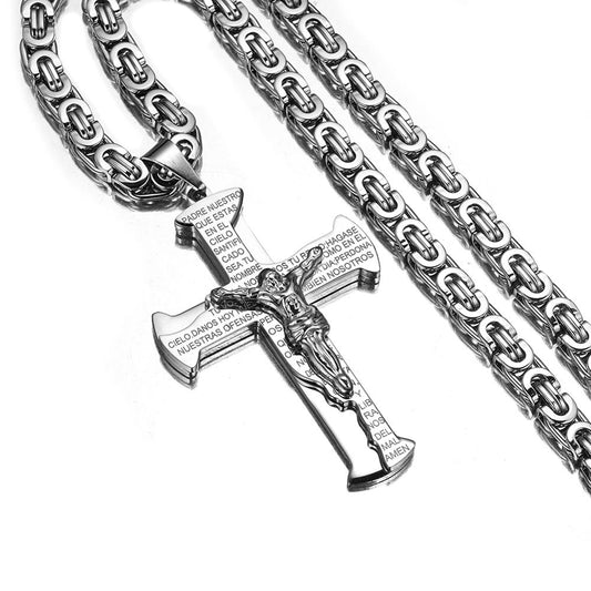 Large Chain Lord's Prayer Jesus Crucifixion Cross Pendant Necklace