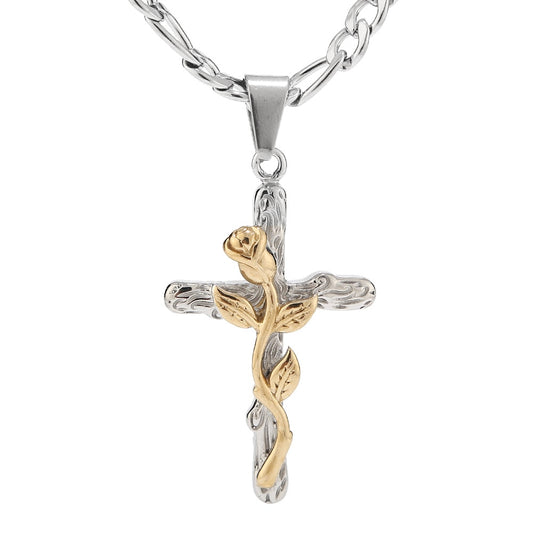 Silver Plated Cross with Rose Pendant Necklace