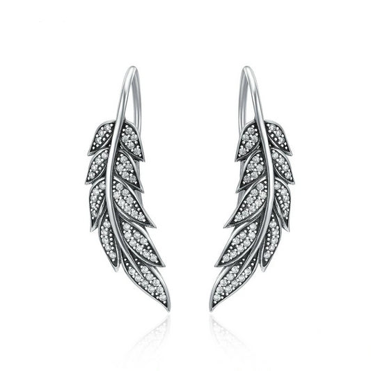 925 Sterling Silver Vintage Feather Wings Long Drop Earrings