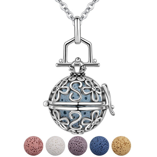 Flower Locket with Lava Stone Locket Pendant Necklace