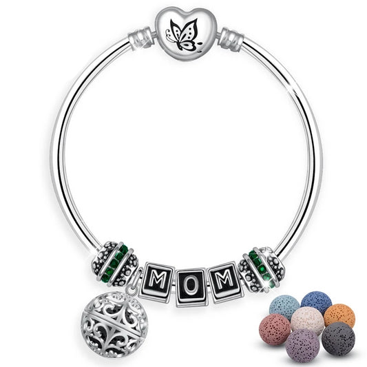 Silver Butterfly Green Beads Lava Aromatherapy Bracelet