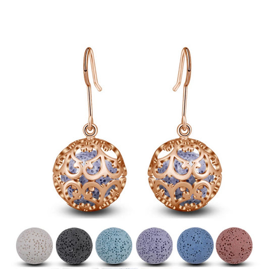 Rose Gold Flower Locket Aromatherapy Lava Stone Drop Earring