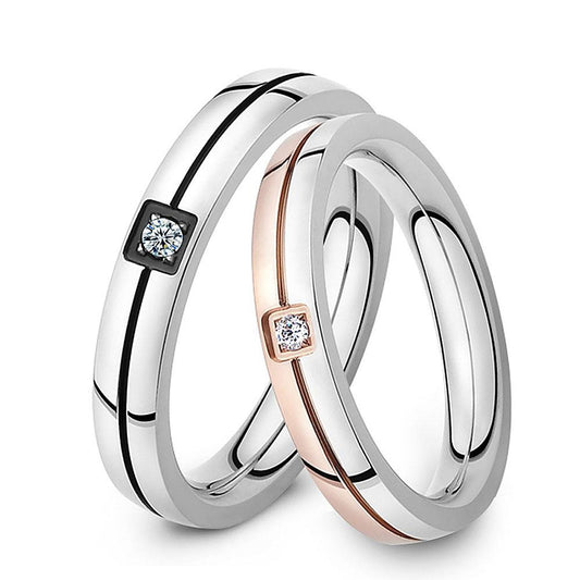 His & Hers Cubic Zirconia Black and Rose Gold Lines Wedding Rings