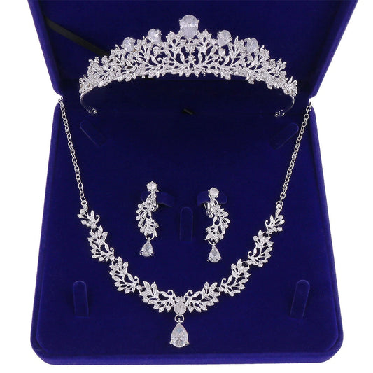 Cubic Zirconia, Leaf and Rhinestone Tiara, Necklace & Earrings Jewelry Set