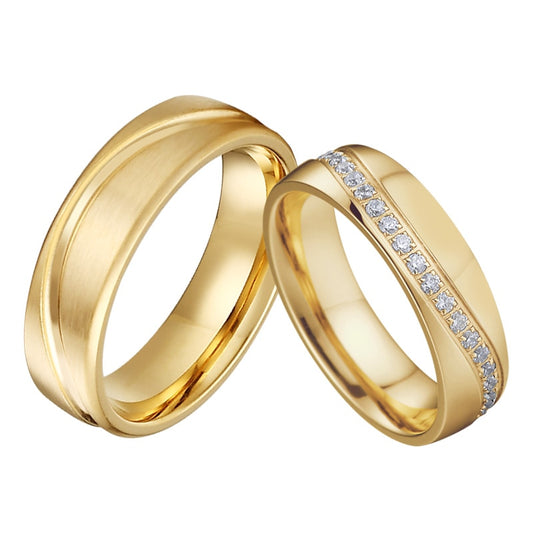 Gold Brushed Matte Titanium Steel and Cubic Zirconia Wedding Ring Set