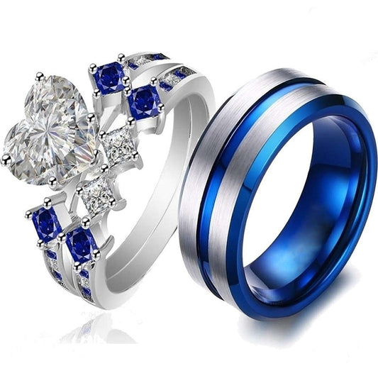 His & Hers Matching Ring Set - Blue Wedding Band and Heart Zirconia Rings