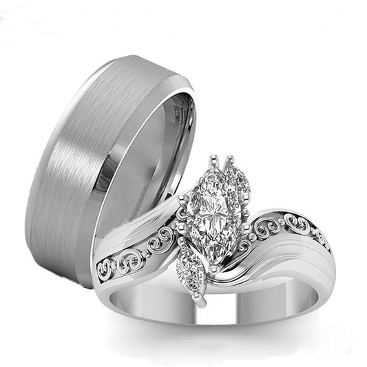 Men's Ring and Zirconia Women's Ring Tungsten Carbide Silver Wedding Rings Set