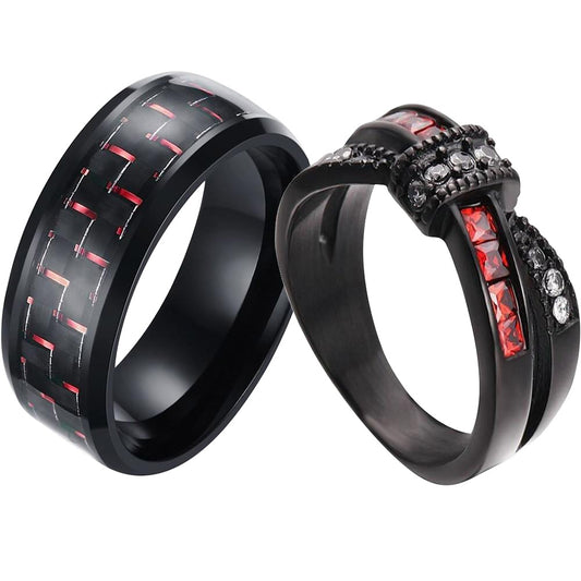 Red & Black Wedding Ring Set - Men's Carbon Fiber Inlay and Women's Red White Zirconia