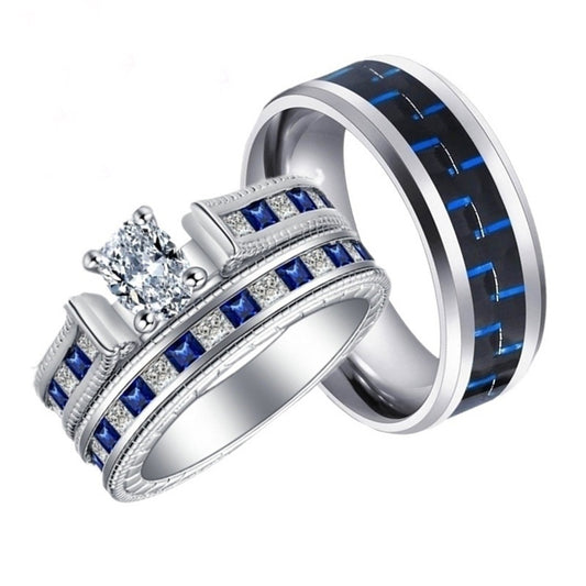 His & Hers Matching Ring Set - Zirconia and Blue & Black Inlay Tungsten Carbide