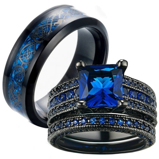 Blue & Black Celtic Dragon Inlay and Blue Square Zirconia Wedding Engagement Rings Set