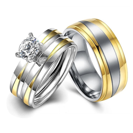Gold & Silver Plated 316L Stainless Steel and Cubic Zirconia Wedding Ring Set