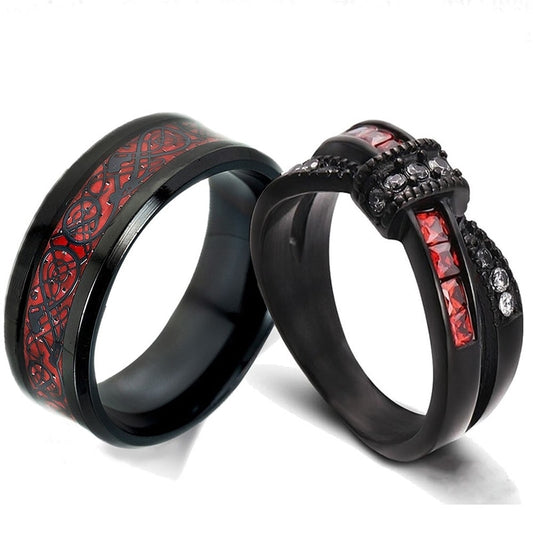 Black & Red Celtic Dragon Inlay and Bow White & Red Zirconia Wedding Ring Set