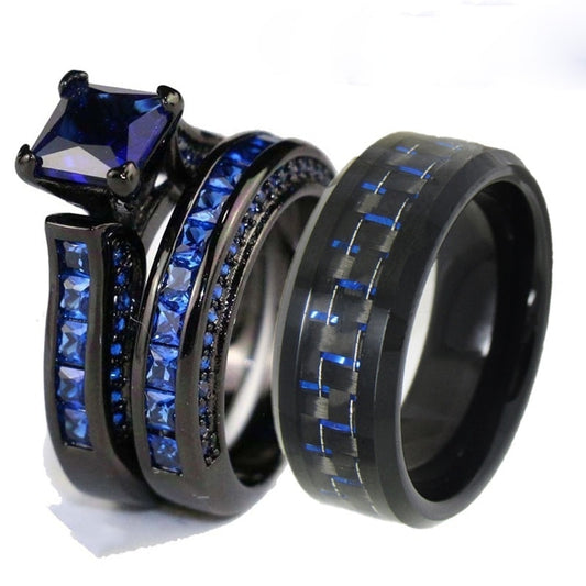 His & Hers Blue Cubic Zirconia and Tungsten Carbide Carbon Fiber Inlay Wedding Ring Set