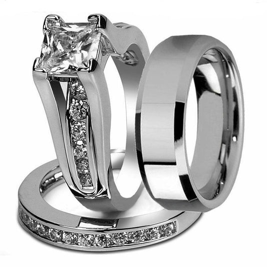 Polished Tungsten Carbide Band and Cubic Zirconia Wedding Ring Set