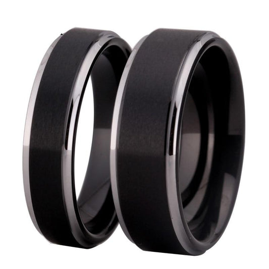 Black Brushed Matte with Silver Edges Tungsten Carbide Wedding Band