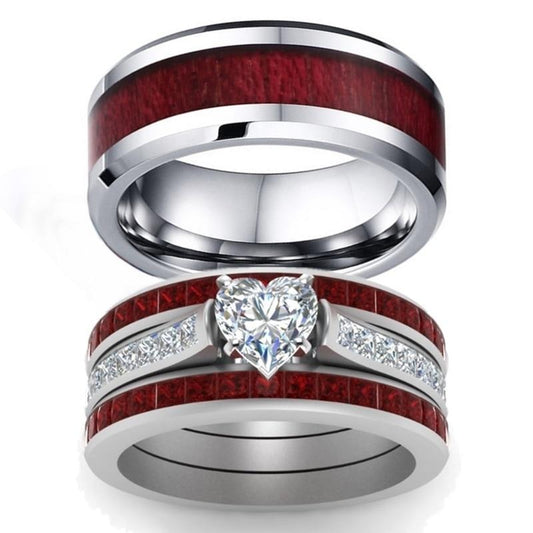 His & Hers Matching Ring Set with Koa Wood Inlay and Heart Shaped Zirconia