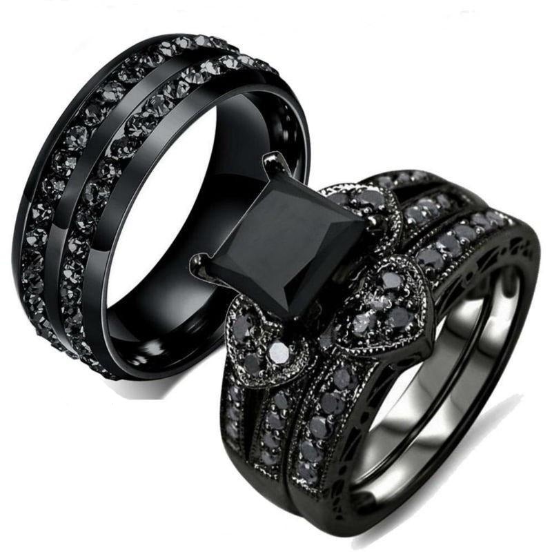 His Hers Matching Wedding Black Zirconia Tungsten Carbide Ring
