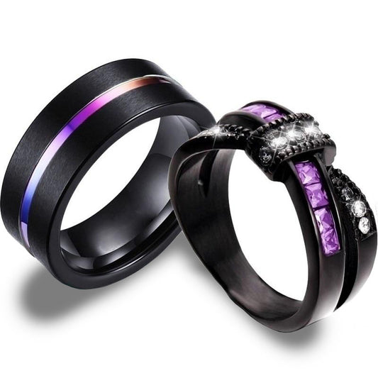Rainbow Tungsten Carbide and Purple Bow Zircon Rhinestones Wedding Ring Set