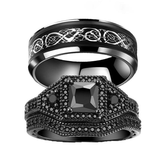 Silver & Black Celtic Dragon and Black Zirconia Engagement Wedding Ring Set