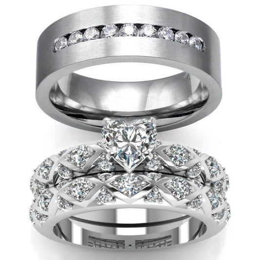 Heart Shape Zirconia and Multiple Rhinestones Tungsten Carbide Wedding Engagement Ring Set