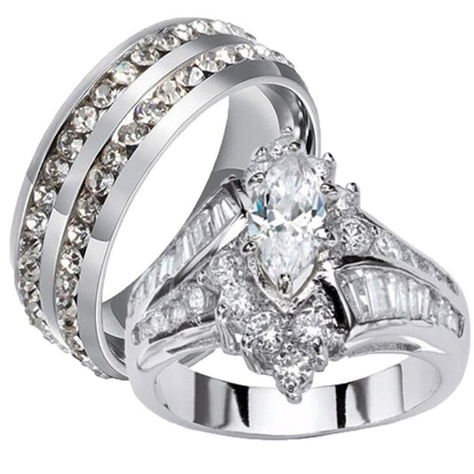 Double Row Zircon Tungsten Carbide and Pear-shaped Zircon Wedding Ring Set