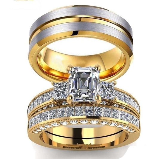 Gold & Silver Plated Cubic Zirconia Tungsten His & Hers Wedding Ring Set