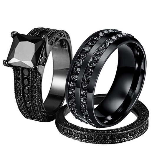 His & Hers Double-Row Cubic Zirconia Band and Black Cubic Zirconia Wedding Ring Set