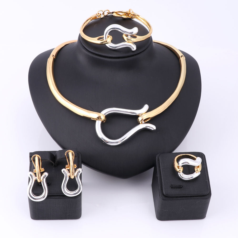 Silver Color Clamp with Gold-Plated Steel Necklace, Bracelet