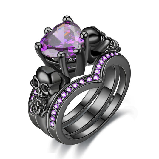 Gothic Skull and Crystal Heart Cubic Zirconia Wedding Ring