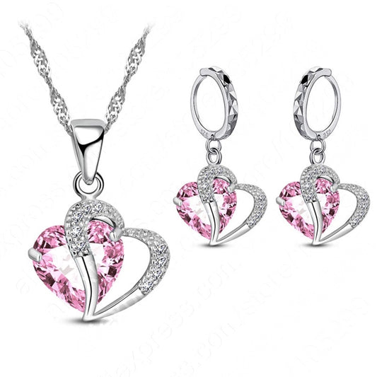 Cubic Zirconia Heart 925 Sterling Silver Necklace and Earrings Jewelry Set