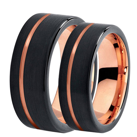 His & Hers Wedding Bands Set - Brushed Matte Black Tungsten Carbide with Rose Gold Line