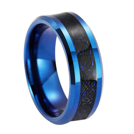 Elegant 8mm Blue Tungsten Carbide Ring with Black Dragon Inlay Pattern - Innovato Store