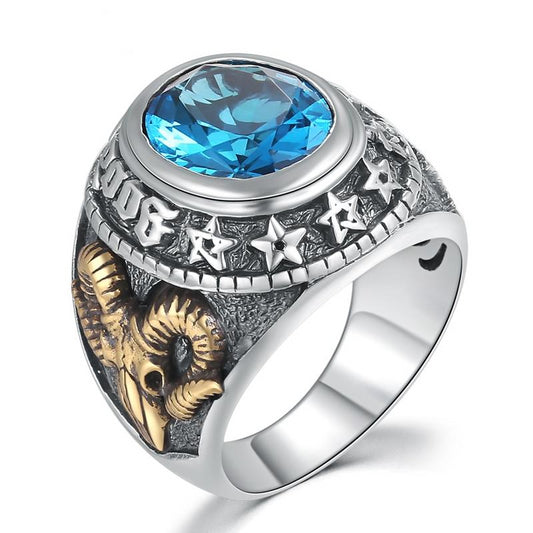 925 Sterling Silver Blue Zircon Men Ring with Gold Plated Sheep Skull - Innovato Store