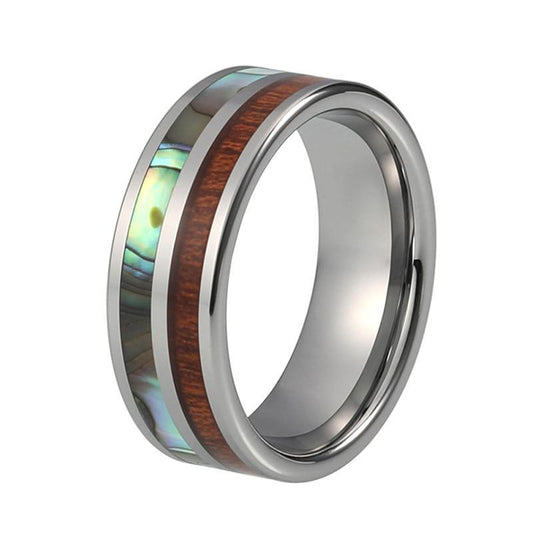 Intricate Abalone Shell and Koa Wood Inlay Tungsten Wedding Ring - Innovato Store