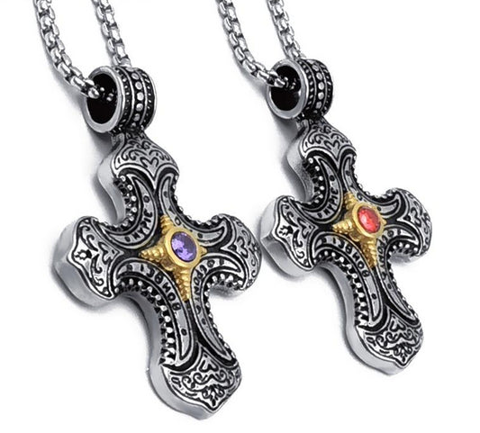 Silver Cross with Red or Purple Cubic Zirconia Pendant Necklace