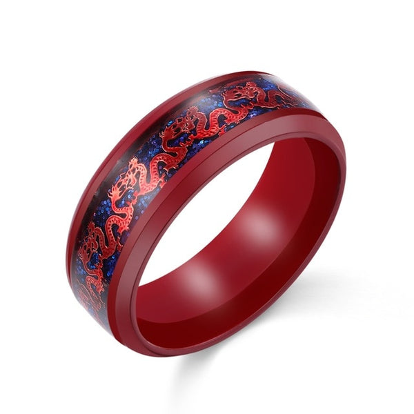 Men’s Stainless Steel Red & Blue Tone Dragon Inlay Ring - Innovato Store